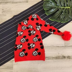 Disney Parks Red Mickey Mouse Print Winter Hat Red Pom Pom